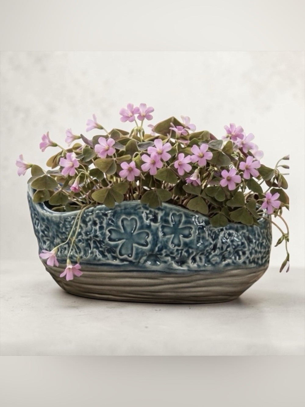 Vintage Ceramic Planter Blue & Gray Embossed Floral Clover Abstract Oval Glazed
